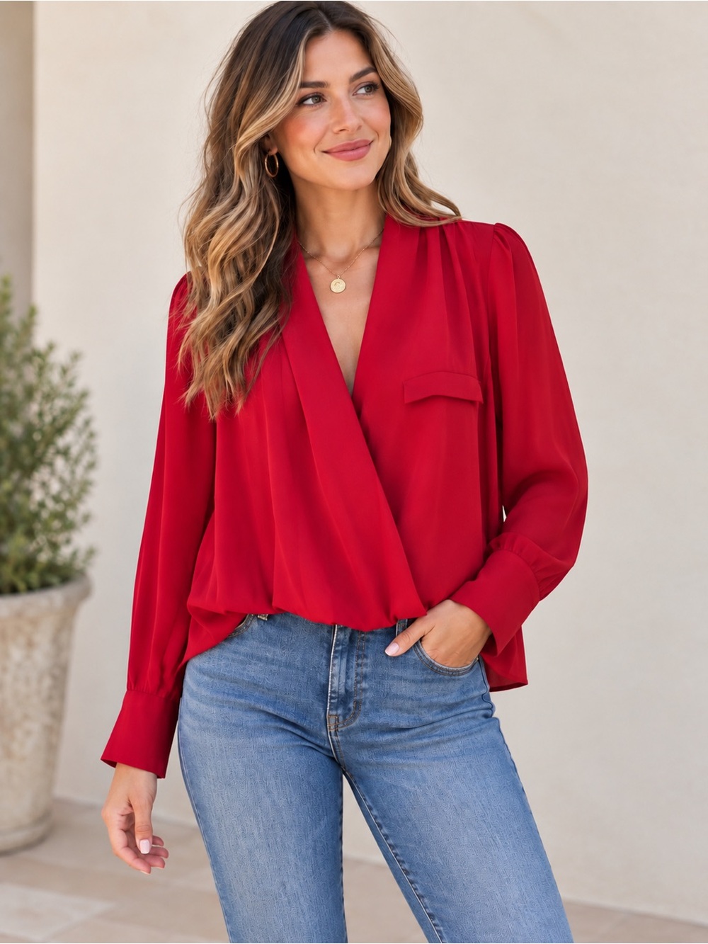 Everly Red Wrap Blouse – Romantic Date Night | Workwear Chic